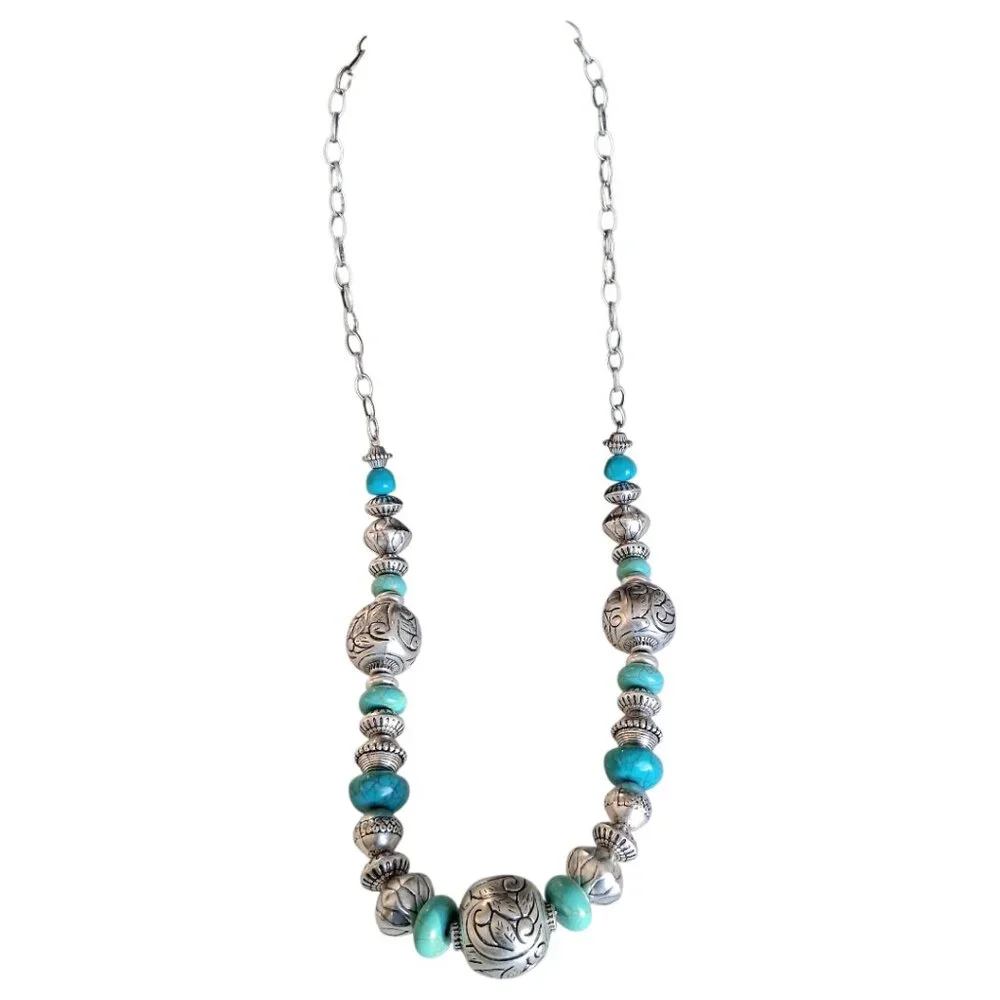 Chico's Turquoise & Silver Chunky Native American Style Necklace